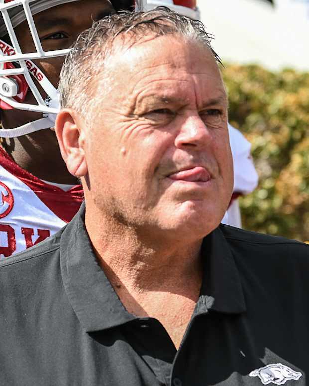 Razorbacks coach Sam Pittman on the sidelines against Alabama